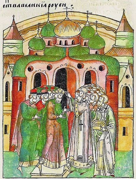Vladimir Vsevolodovich crowned by Bishop Neophytos with Monomakhs Cap. (From the Illuminated Compil Artist: Anonymous