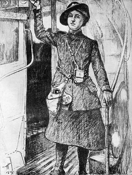 The War at Home: Bus Conductress, 1917, (c1920). Artist: Archibald Standish Hartrick