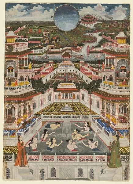 Women bathing before an architectural panorama, c. 1765. Creator: Fayzullah (Indian, active c