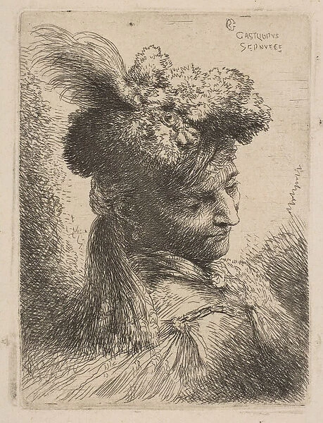 Young man facing three quaters right wearing a fur headdress with a plume, jewel an