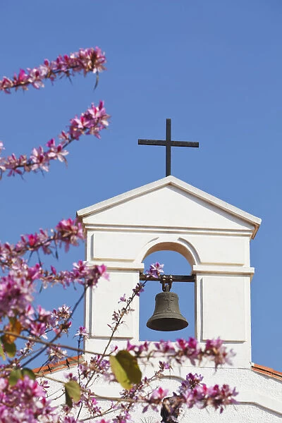 Bell Tower Of Parochial Church Of The Immaculate Conception With Cherry Blossom; Arroyo De La Miel, Malaga Province, Spain