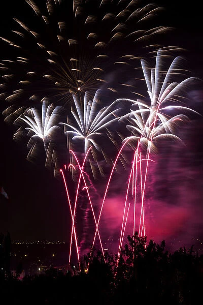 Colourful Fireworks At Nighttime; Calgary, Alberta, Canada
