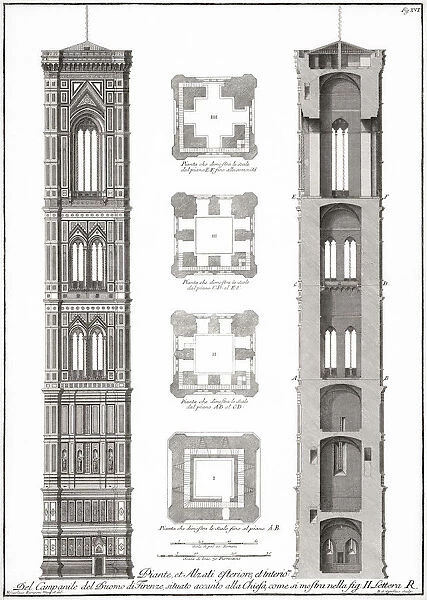 Elevation, cross section and floor plan of Giottos Campanile beside the Dumo in Piazza del Duomo. After a mid-18th century work by Bernardo Sansone Sgrilli