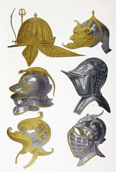 Helmets. 1. Post-Renaissance Capeline Helmet. 2. Morion Helmet. 3, 4 And 6. Visored Helmets. 5. Decorated Helmet. From Les Artes Au Moyen Age, Published Paris 1873