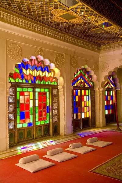 India, stained glass windows of fort palace; Rajasthan, beautiful temple for royals, Jodhpur at Fort Mehrangarh