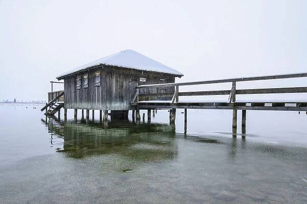 Jetty and Boathouse on Lake Kochelsee, Bad Toelz-Wolfratshausen District, Upper Bavaria, Bavaria, Germany