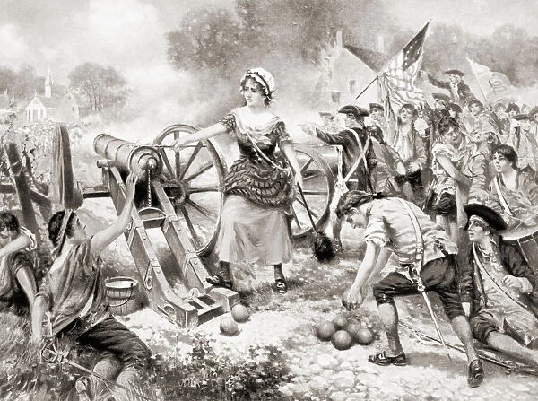Molly Pitcher firing cannon at the Battle of Monmouth during the American Revolutionary War. Molly Pitchers real name is thought to have been Mary Ludwig Hays McCauley, 1744 - 1832. After a work by E. Percy Moran