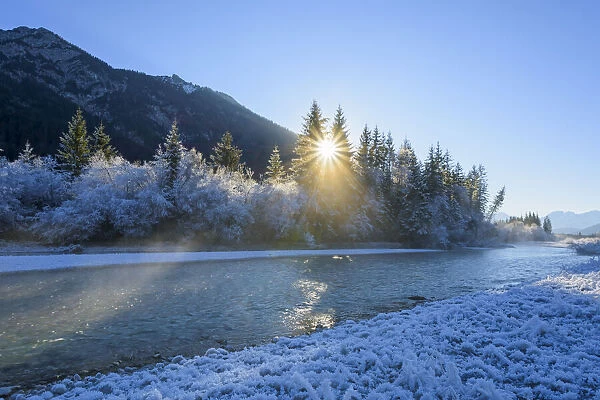 River Isar in Winter with Sun and Hoar Frost, Isar Valley, Karwendel, Vorderriss, Upper Bavaria, Bavaria, Germany