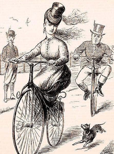 Woman riding a bicycle. Punch illustration 1869