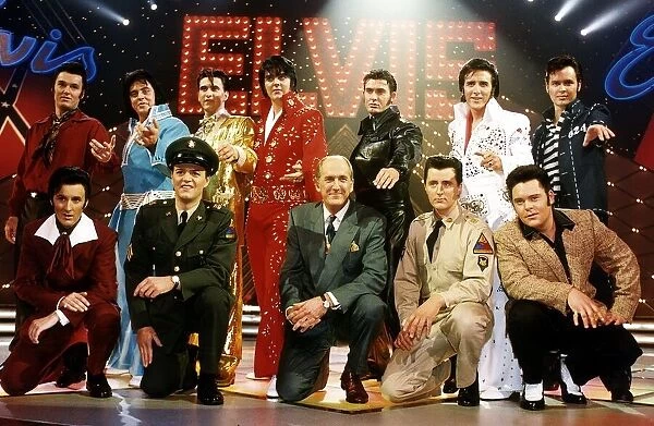 Russ Abbot and eleven Elvis lookalikes on the TV Programme Stars In Their Eyes
