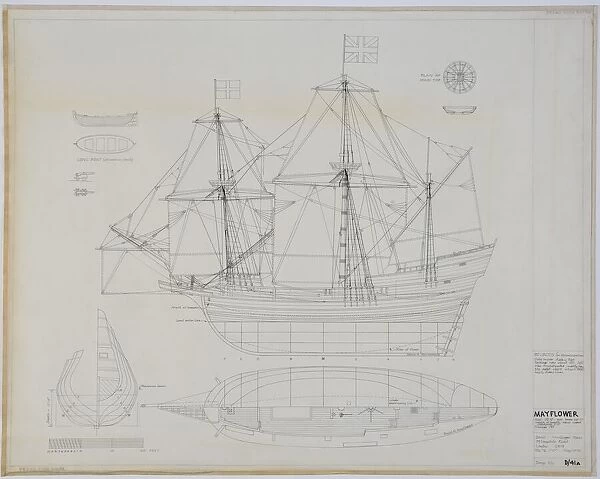 Mayflower. Lines plan (sheer plan, half-breadth plan, body plan), general arrangement 