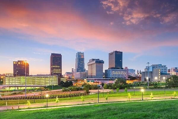 Akron, Ohio, USA downtown skyline at dusk