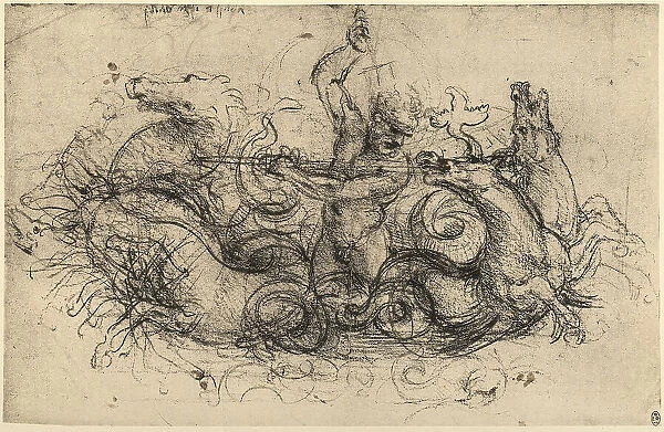 Neptune with four seahorses, charcoal drawing on white paper by Leonardo da Vinci and preserved at the Royal Library of Windsor
