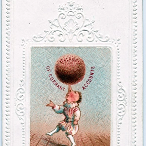 Acrobat balancing pudding on nose on a Christmas card