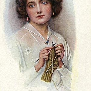 Active Service - WW1 knitting postcard by Harold Copping