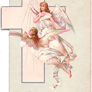 Two angels with star and cross on a Christmas card