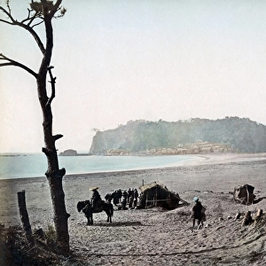 The beach and island at Enoshima, Kanagawa, Japan, circa 188