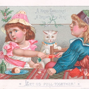 Boy and girl pulling cracker on a Christmas card