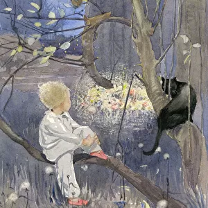 Boy in a tree with cat and owl, by Muriel Dawson