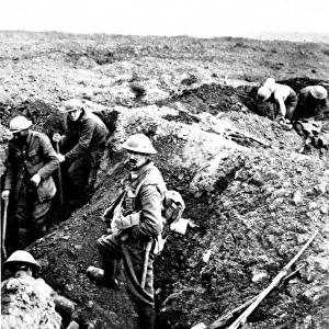 British soldiers building a trench by joining shell craters