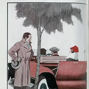 Caricature illustration, A Dear Little "Dickey Bird", by Stan Terry. Showing confident man under a tree, staring at woman passenger in motor car