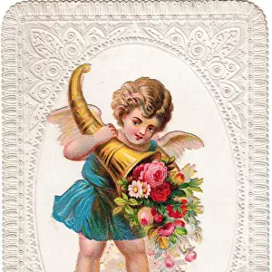 Cherub with cornucopia of flowers on a Christmas card