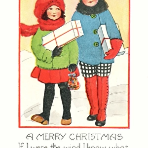 Children carrying presents in the snow