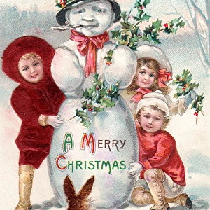 Children with snowman and rabbit on a Christmas postcard