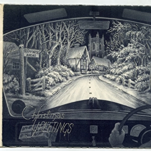 Christmas card, motoring snow scene