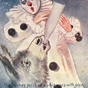 Clown with donkey and bottle on a comic greetings card