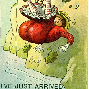 Comic postcard, Woman falling off a cliff at the seaside - I ve just arrived Date