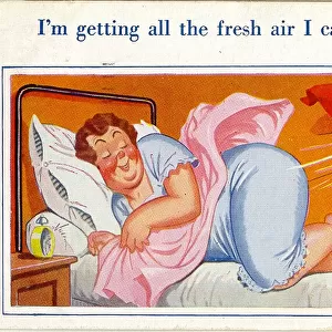 Comic postcard, Woman in her seaside hotel bedroom