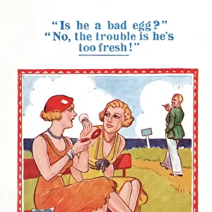 Comic postcard, Two women and a man at the seaside - too fresh! Date: 20th century