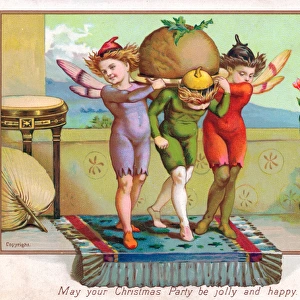 Fairies carrying a pudding on a Christmas card