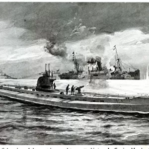 German submarine attacking merchant ship, WW1