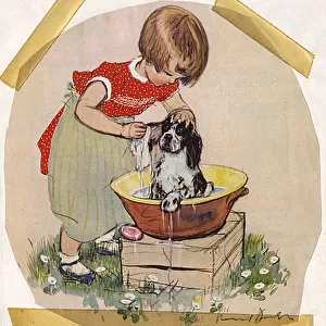 Girl bathing dog by Muriel Dawson