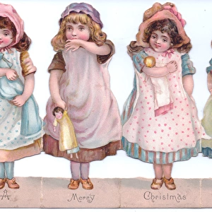 Four girls with dolls on a cutout Christmas card