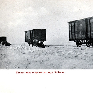 Horse-drawn wagons on frozen Lake Baikal