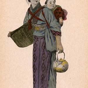 Japan - Japanese woman with basket, teapot and Baby