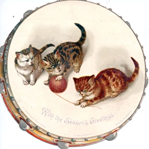 Three kittens on a cutout Christmas card