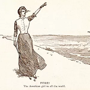 Lady points skyward with golf club in hand by the sea Date: 1900