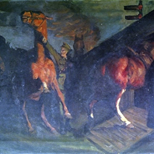 Loading horses onto a train at night, WW1