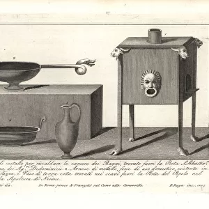 Metal stove, pot and terracotta vase