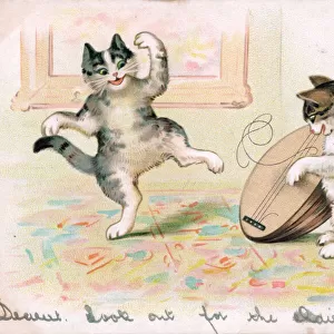 Musical cat playing a mandolin on a German postcard