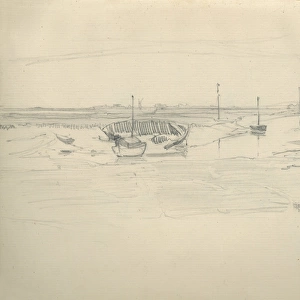 Pencil sketch of landscape with boats
