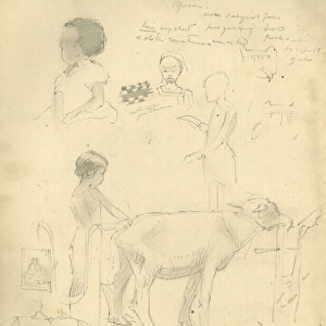 Pencil sketches of children and a dog