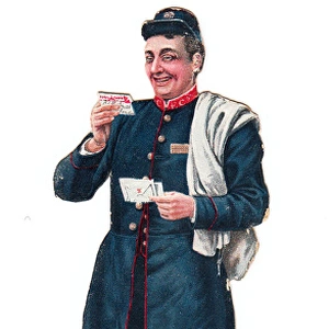Postman with letters on a Victorian Christmas card