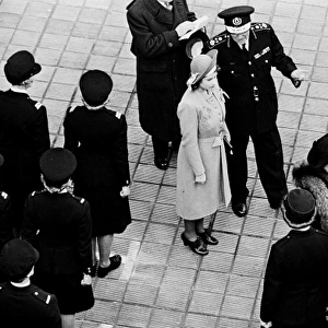 Queen Elizabeth inspects firewomen on parade, WW2