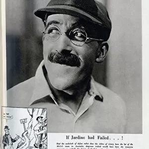 Robertson Hare, actor, character portrait in glasses and cricket cap. John Robertson Hare, OBE (1891-1979) actor who established his career in the Aldwych farces. Captioned, If Jardine had failed