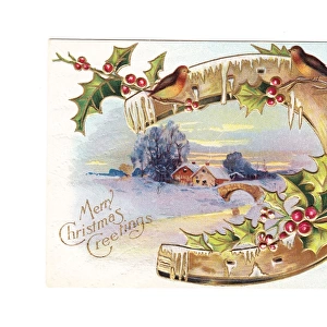 Robins, holly and a horseshoe on a Christmas postcard
